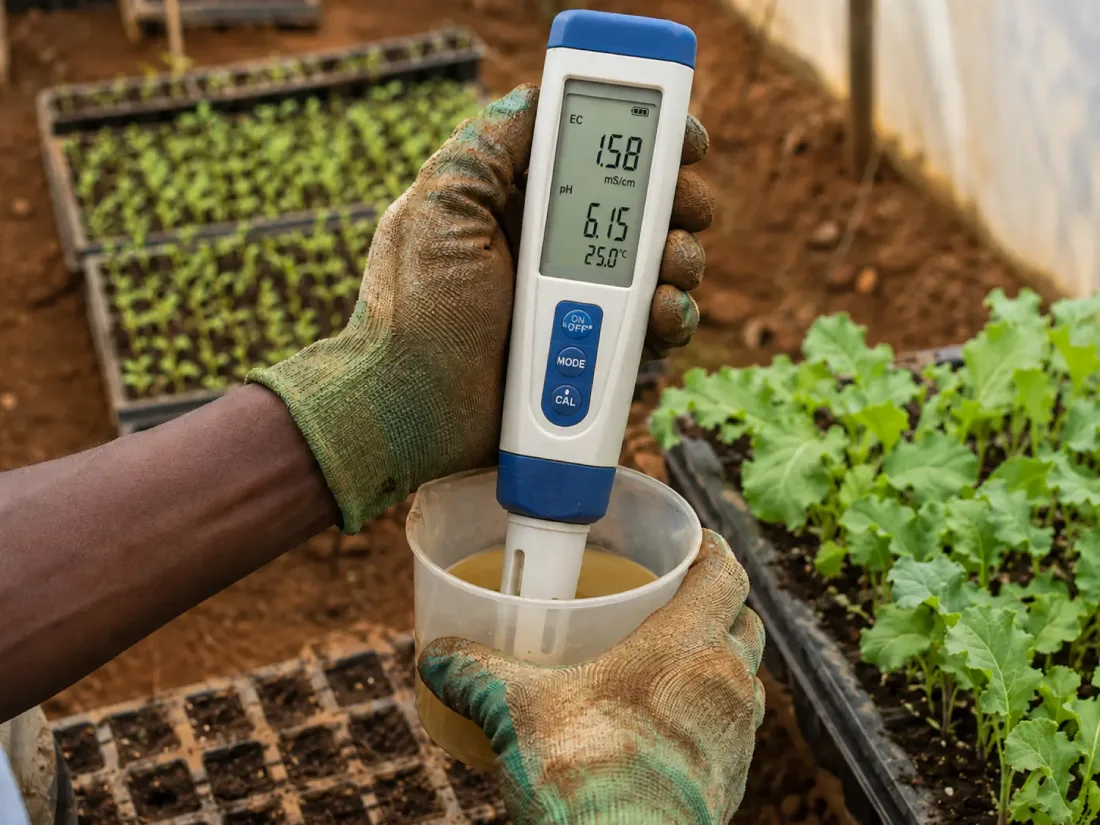 A grower checking EC and pH levels with a handheld meter