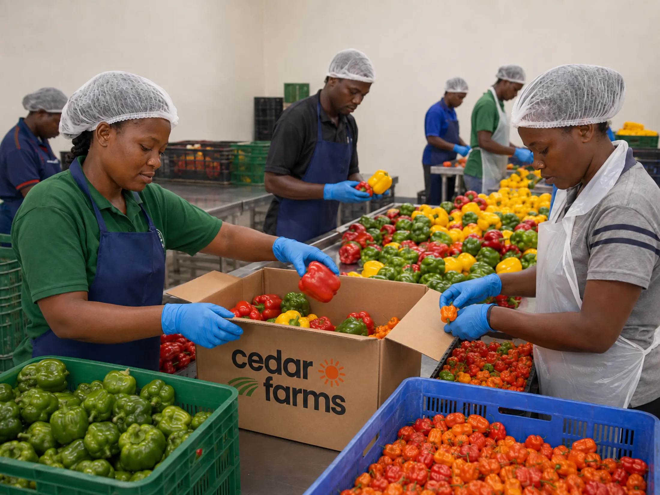 Workers packing peppers into a Cedar Farms branded box at the pack house
