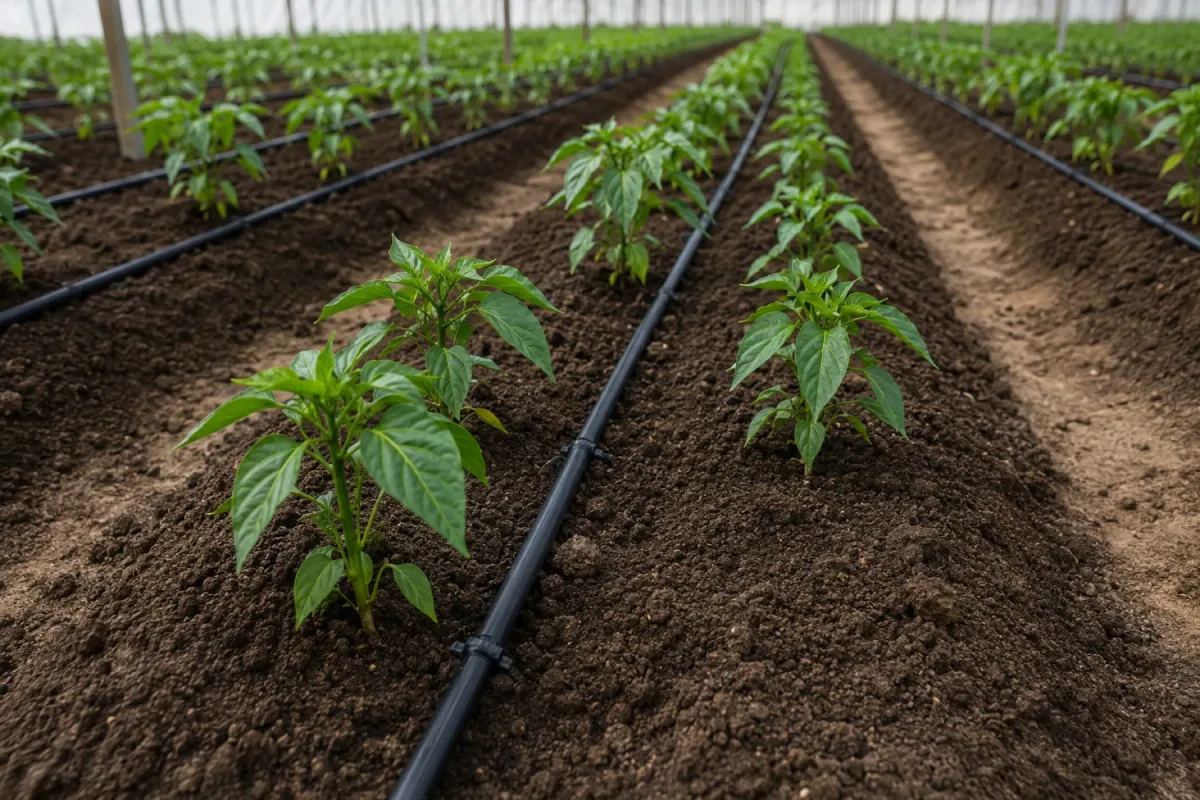 Drip irrigation lines running along rows of young pepper plants